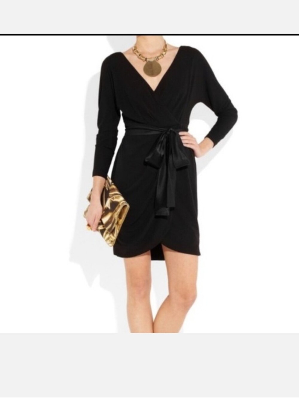 Marchesa Notte Black Wrap Mini Dress with Satin Waist Tie